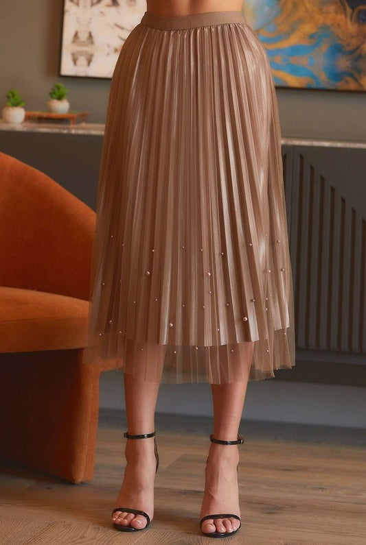 Pearl Embellished Pleated Mesh Midi Skirt - RARA Boutique
