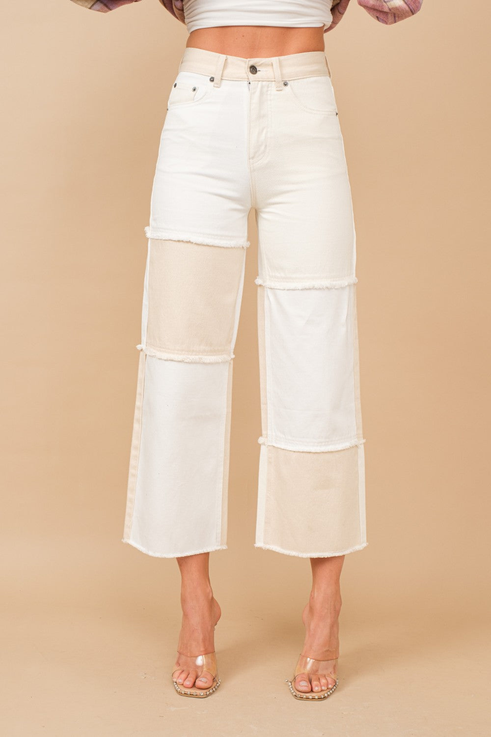 High Waisted Color Block Distressed Frill Edges Twill Jeans - RARA Boutique