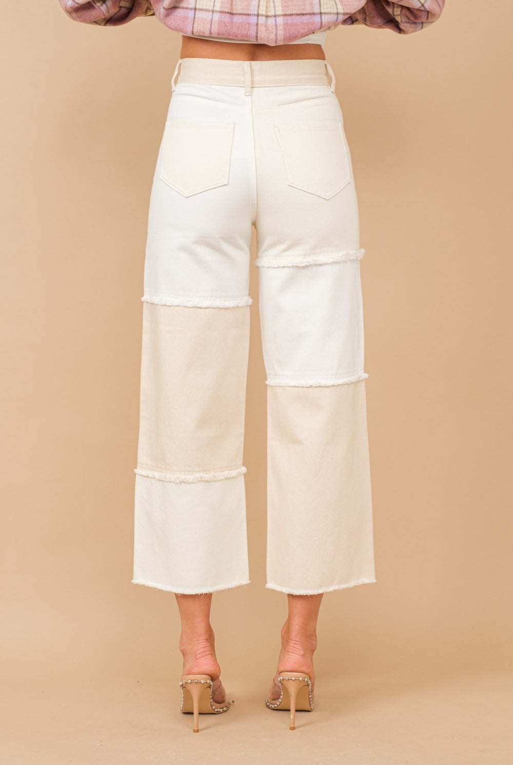 High Waisted Color Block Distressed Frill Edges Twill Jeans - RARA Boutique