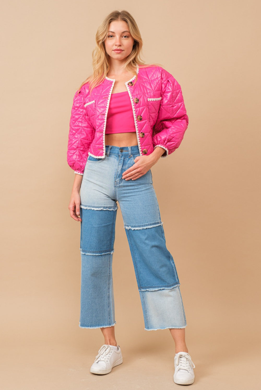 High Waisted Color Block Distressed Frill Edges Twill Jeans - RARA Boutique