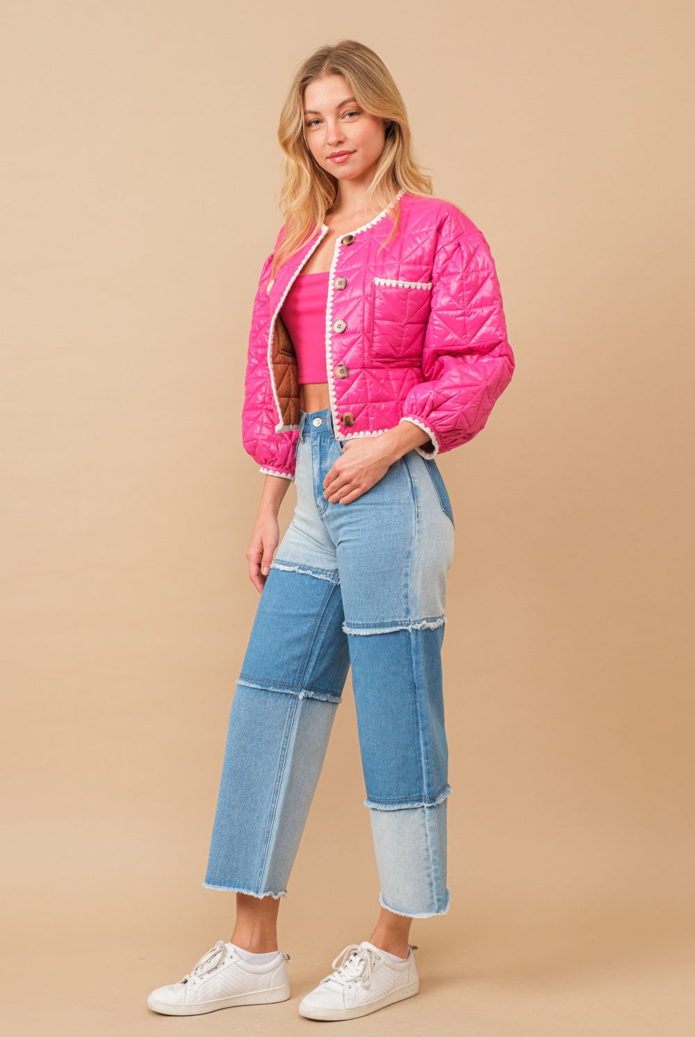 High Waisted Color Block Distressed Frill Edges Twill Jeans - RARA Boutique