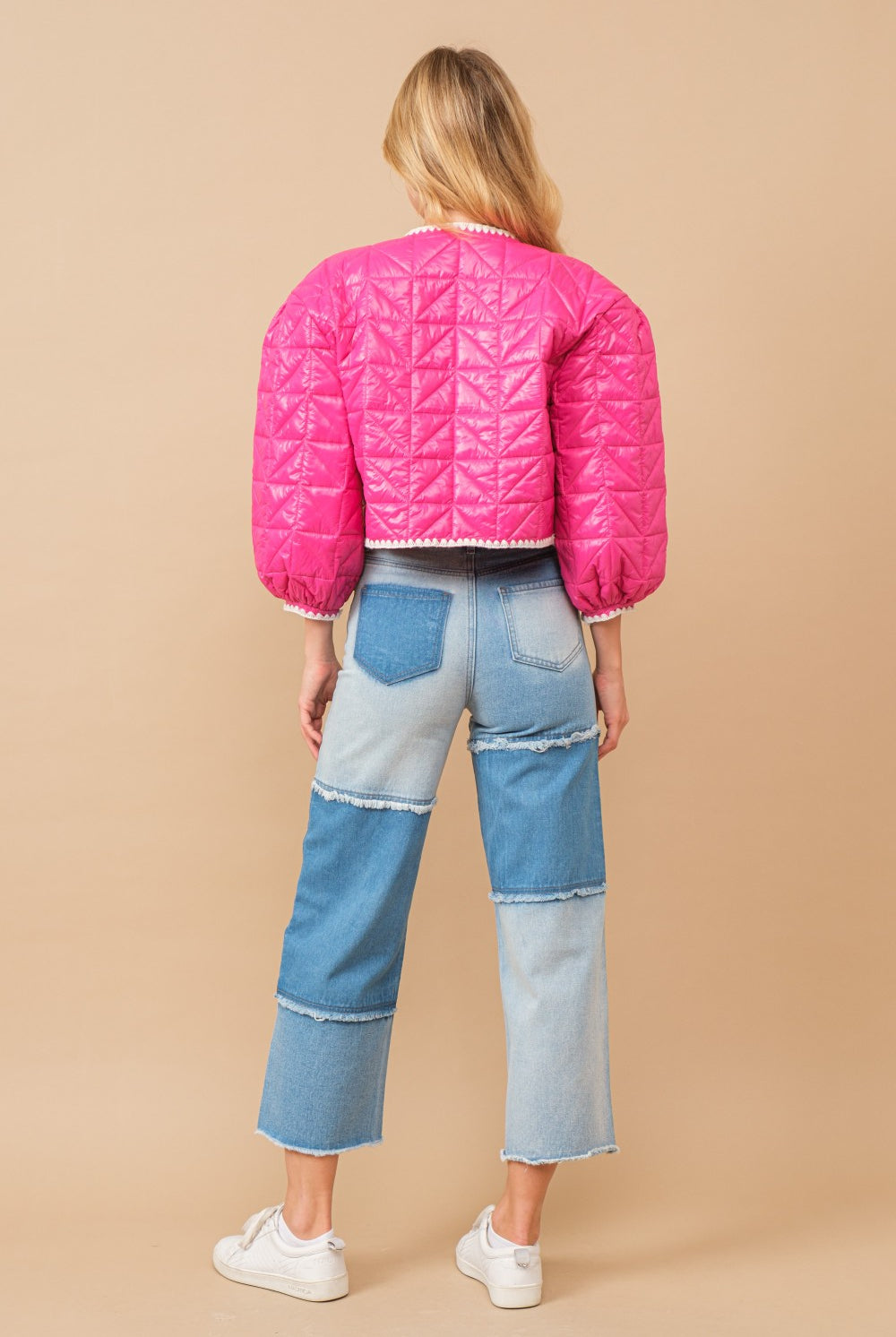 High Waisted Color Block Distressed Frill Edges Twill Jeans - RARA Boutique