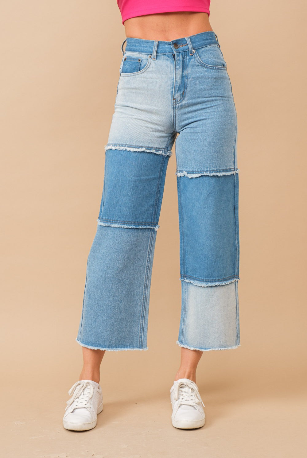 High Waisted Color Block Distressed Frill Edges Twill Jeans - RARA Boutique