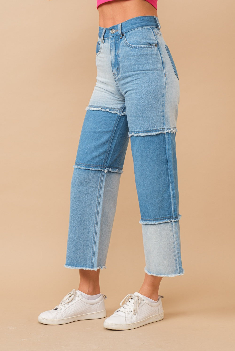High Waisted Color Block Distressed Frill Edges Twill Jeans - RARA Boutique