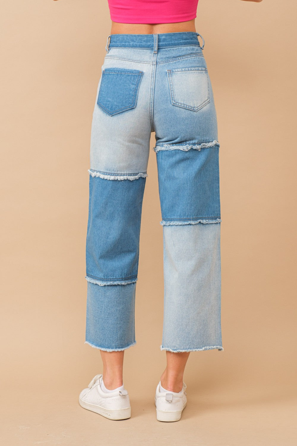 High Waisted Color Block Distressed Frill Edges Twill Jeans - RARA Boutique