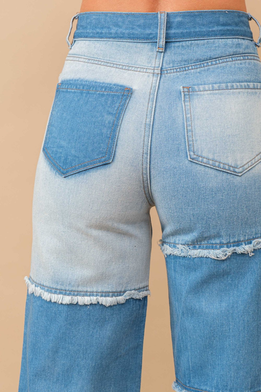 High Waisted Color Block Distressed Frill Edges Twill Jeans - RARA Boutique