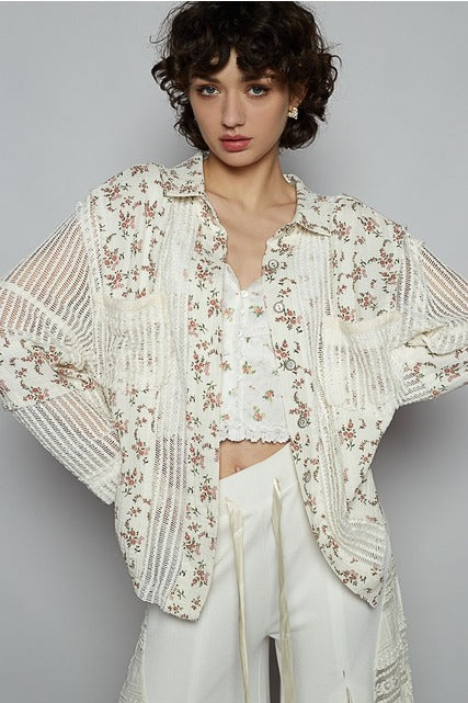Floral Gauze Patch Crochet Button Down Shirt - POL - RARA Boutique