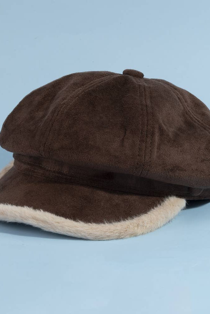 Vegan suede newsboy cabbie hat with plush trim in beige, stylish accessories by Collections by Fame.
