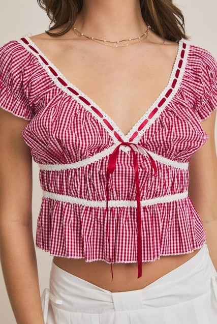 Gingham Lace Trim V-Neck Peplum Crop Top - Le Lis - RARA Boutique