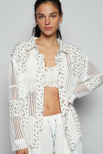 Floral Gauze Patch Crochet Button Down Shirt - POL - RARA Boutique