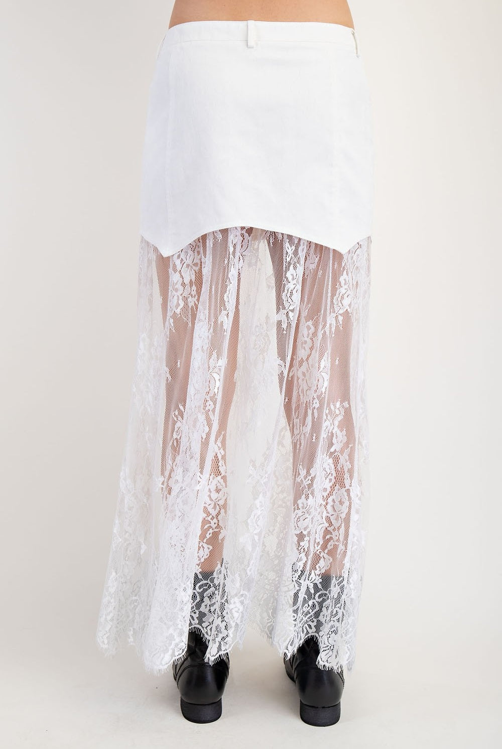 Layered denim lace contrast midi skirt by RARA Boutique featuring a stylish design with layered denim and lace details.