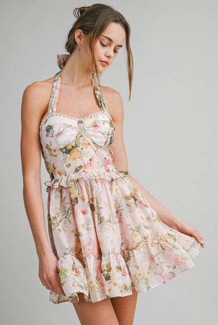 Floral Halter A-Line Mini Dress with Ruffle Hem - Le Cliche - RARA Boutique