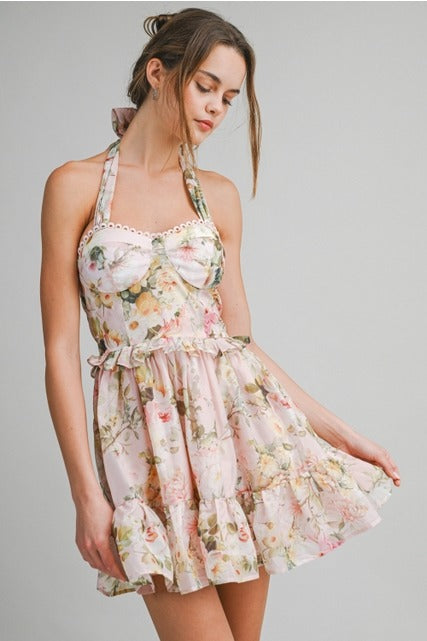 Floral Halter A-Line Mini Dress with Ruffle Hem - Le Cliche - RARA Boutique