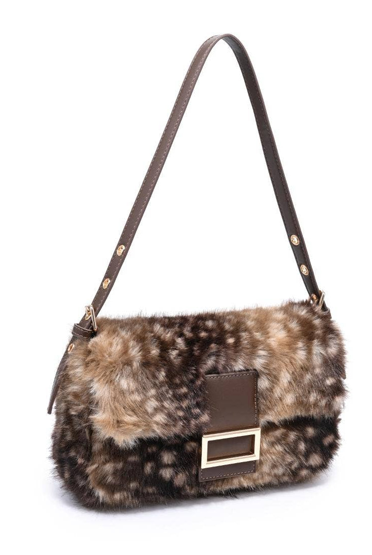 Urban Expressions Tuesday Beverly deer print fur crossbody bag with adjustable strap and zip closure, featuring a stylish, animal-inspired design.
