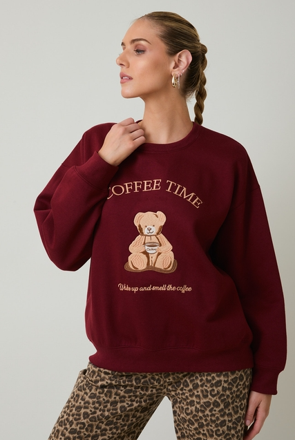 Coffee Time Teddy Bear Embroidered Crewneck Sweatshirt - Sunday Edition - RARA Boutique