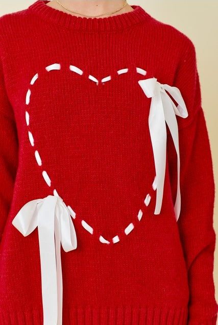 Lace Up Ribbon Heart Sweater with Bows - Main Strip - RARA Boutique