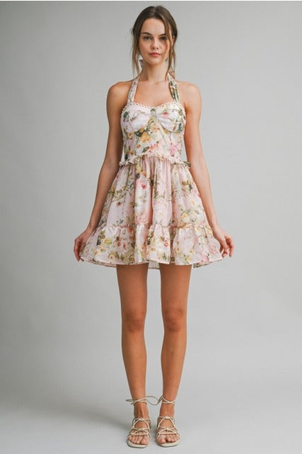 Floral Halter A-Line Mini Dress with Ruffle Hem - Le Cliche - RARA Boutique