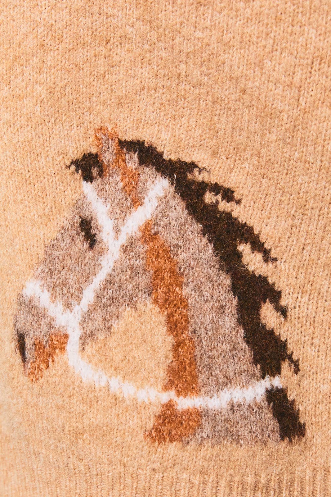 LE LIS horse graphic crew neck cardigan with a detailed horse illustration on the front, soft knit fabric, and classic fit.