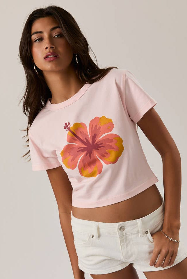 RARA Boutique Hibiscus tropical flower short sleeve cropped baby tee with vibrant floral print and relaxed fit.