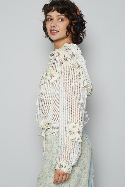 RARA Boutique floral patch open knit crochet hoodie jacket with floral design, lightweight and stylish for casual wear.