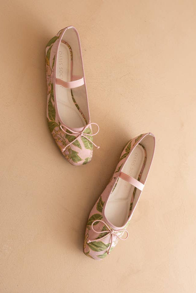 RARA Boutique Rose Garden floral jacquard Mary Jane flats, stylish and comfortable flats with a botanical pattern, perfect for casual wear.