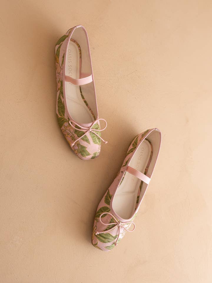RARA Boutique Rose Garden floral jacquard Mary Jane flats with bow detail, stylish and comfortable flats for women.