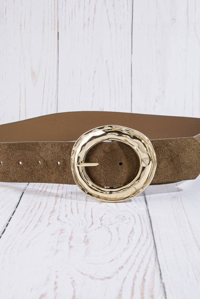 Suede hammered round buckle belt by Collections by Fame Accessories, showing close-up of textured tan suede strap and metallic buckle.