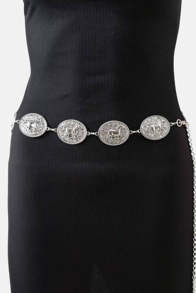 Western horse engraved concho chain belt by Collections by Fame Accessories, featuring detailed engraved horse design and metal chain links.