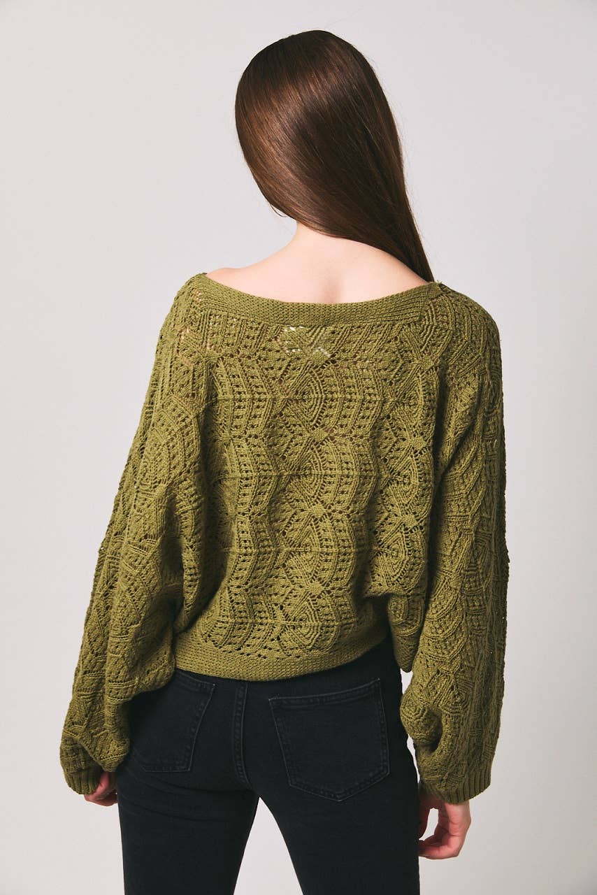 Le Lis long sleeve crochet cardigan featuring intricate knit pattern and open front design, perfect for layered fall outfits.
