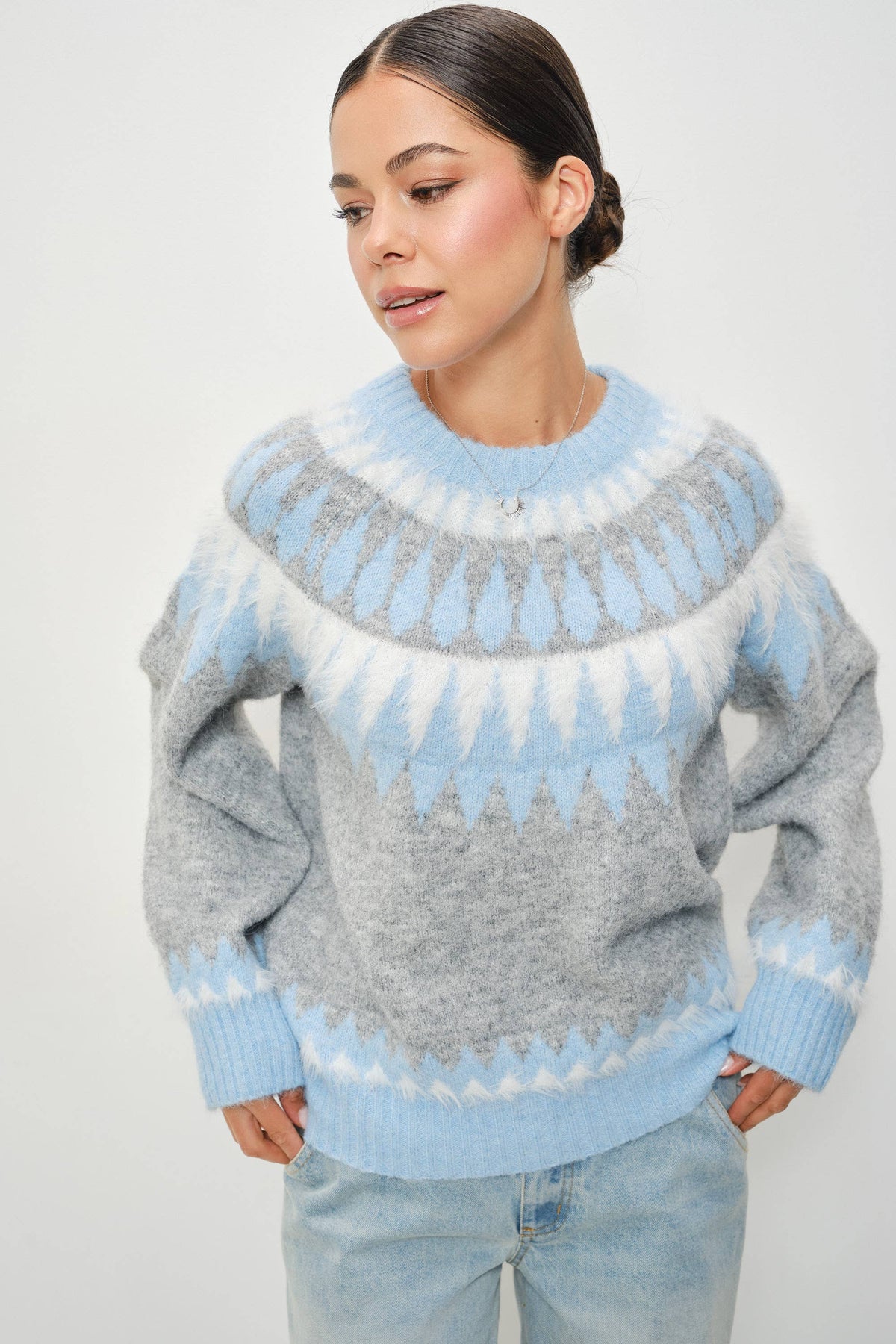 Pretty Garbage Kenzie Faire Isle crewneck sweater, soft knit pullover with a relaxed fit, displayed on a neutral background.