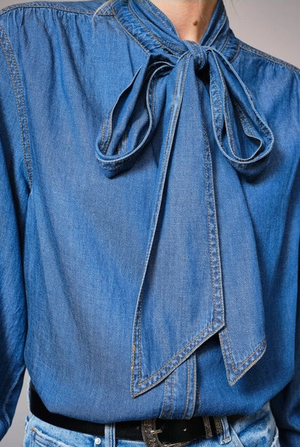 Tie Neck Chambray Denim Button Up Blouse - Blue B - RARA Boutique