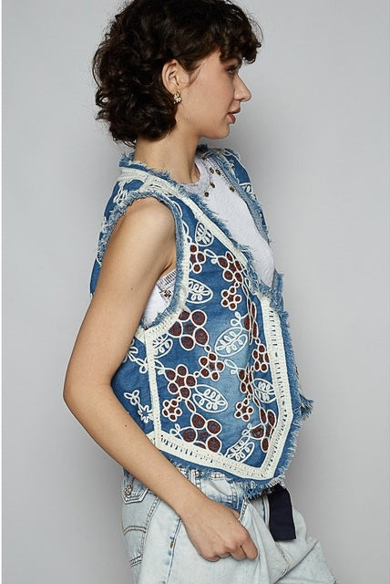 RARA Boutique embroidered floral frayed hem denim vest, stylish sleeveless denim vest with floral embroidery and frayed edges.