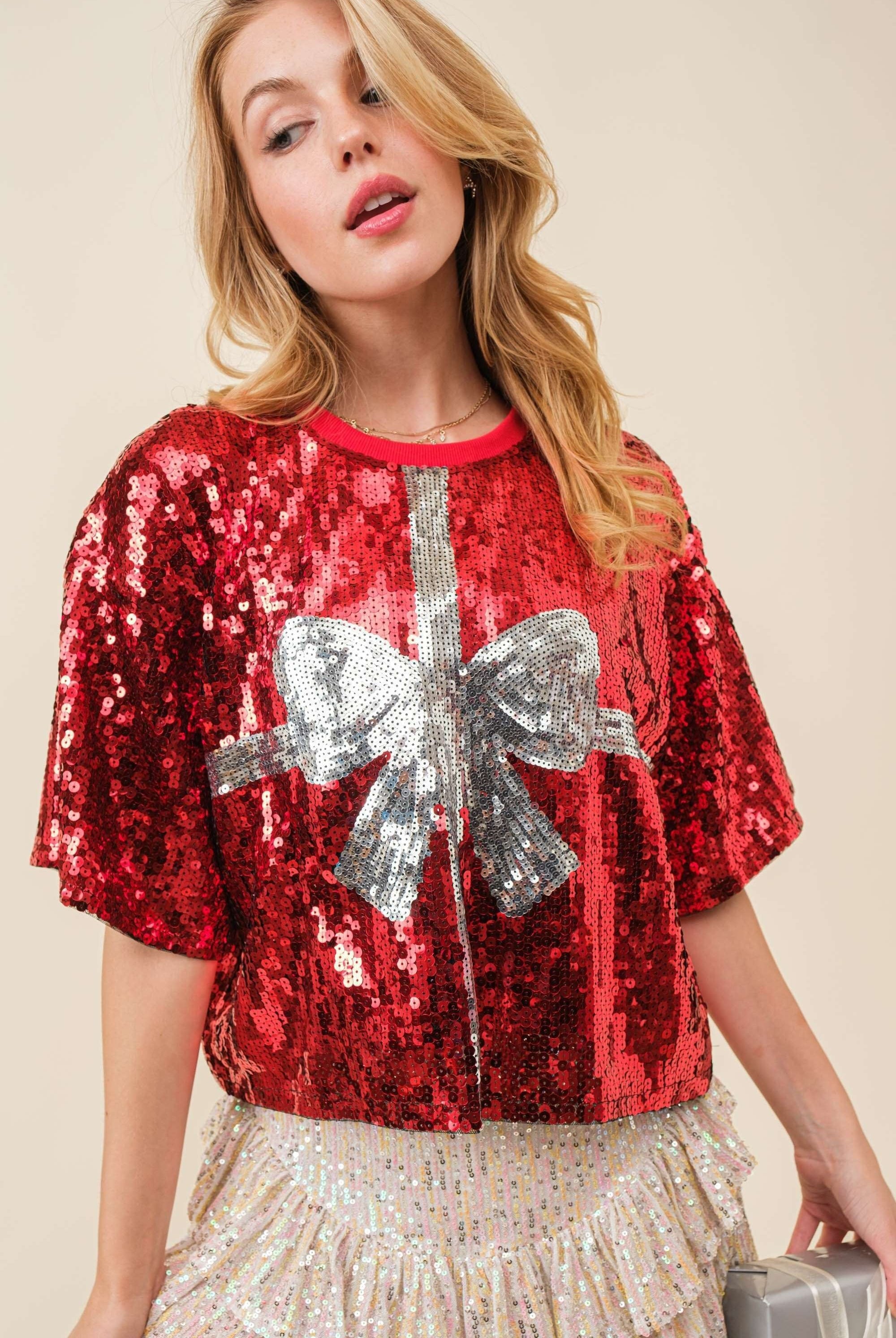 Christmas Bowtie Print Sequin Crop Top - RARA Boutique