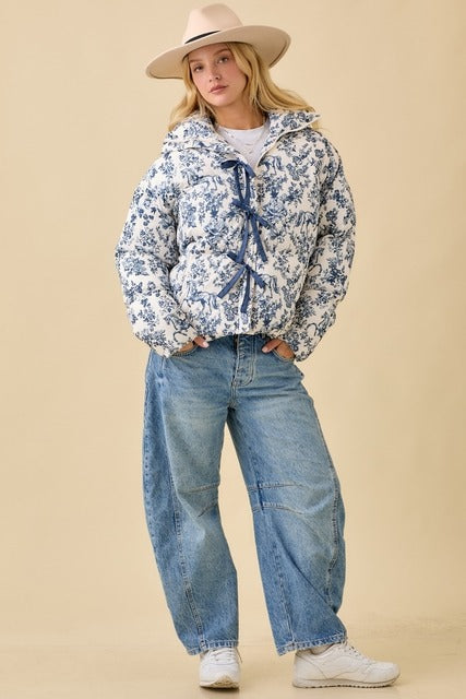 Vintage Horse Toile Print Puffer Jacket with Bows - Main Strip - RARA Boutique