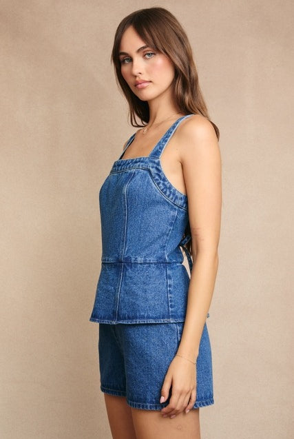 Peplum Top Denim Romper with Tie Back - Le Lis - RARA Boutique