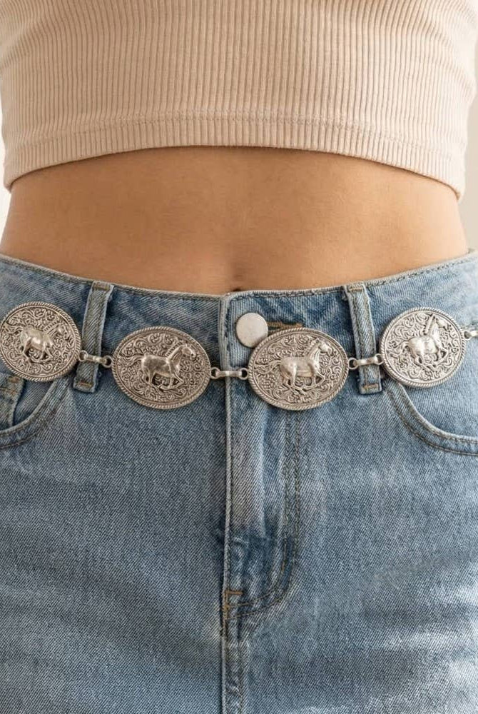 Western horse engraved concho chain belt with silver-toned metal and intricate engraved horse design, adjustable chain for a stylish fit.
