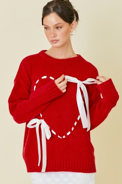 Lace Up Ribbon Heart Sweater with Bows - Main Strip - RARA Boutique