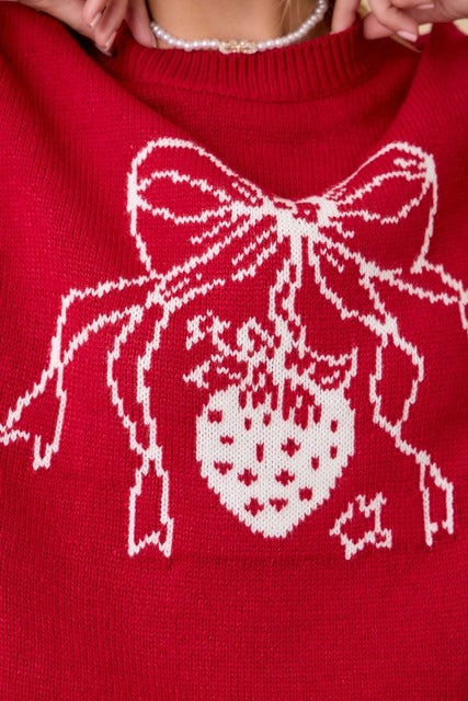 Strawberry Bow Boxy Sweater Knit Short Sleeve Top - Main Strip - RARA Boutique