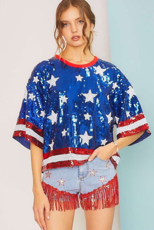 4th of July Star Print Sequin Crop Top - RARA Boutique