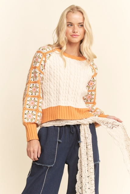 Crochet Sleeve Granny Square Cable Knit Sweater - Davi & Dani - RARA Boutique