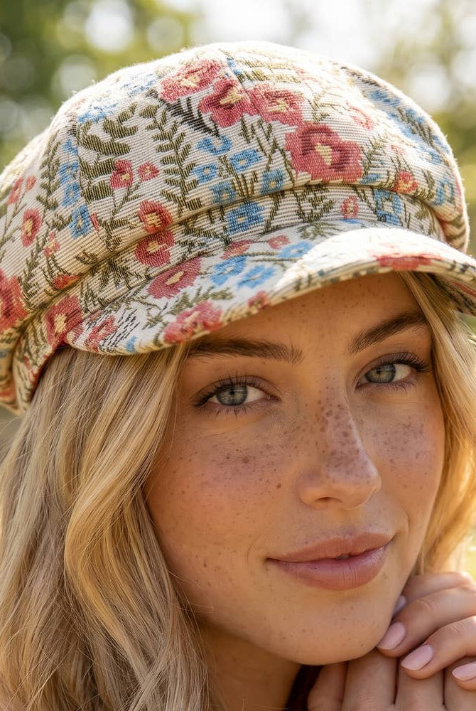 Floral tapestry newsboy cabbie hat by Collections by Fame Accessories with vibrant floral pattern and classic newsboy style.