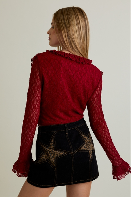 Ruffle Detail Lace V-Neck Top with Bell Sleeves - Le Lis - RARA Boutique