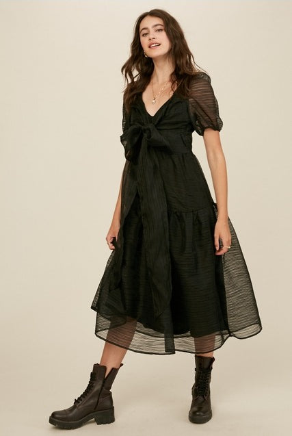 Bow Front Tiered Midi Dress with Open Back - Listicle - RARA Boutique