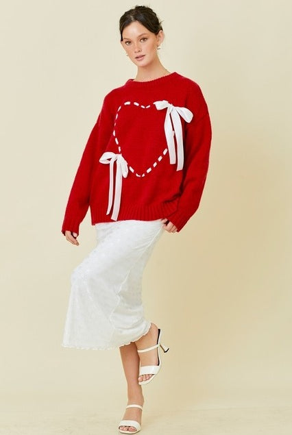 Lace Up Ribbon Heart Sweater with Bows - Main Strip - RARA Boutique