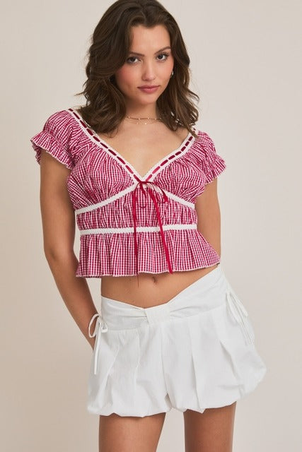 Gingham Lace Trim V-Neck Peplum Crop Top - Le Lis - RARA Boutique