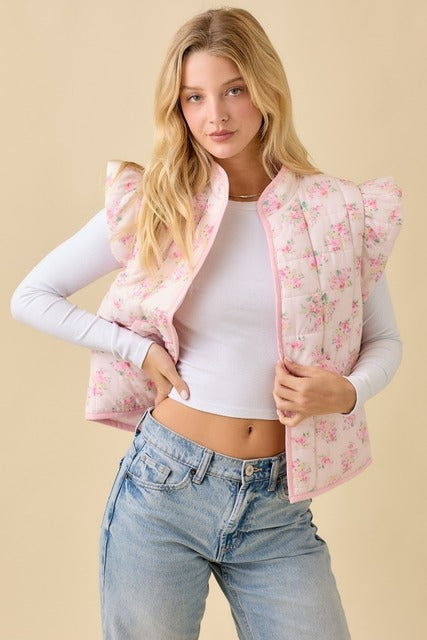 Floral Printed Ruffle Sleeve Quilted Puff Vest - Main Strip - RARA Boutique