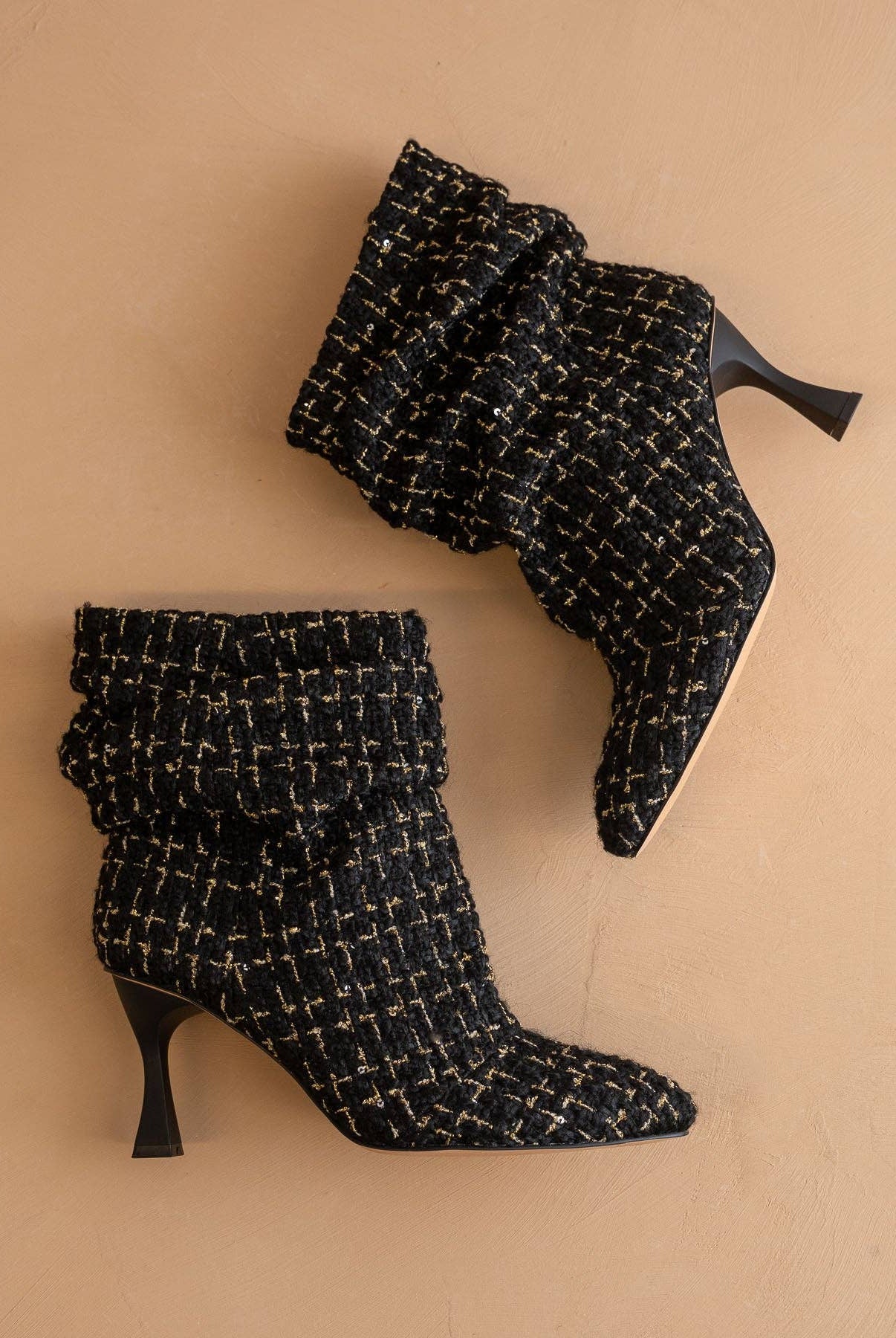Black tweed slouch heel fall bootie from Oasis Society featuring a stylish design and comfortable ankle height.