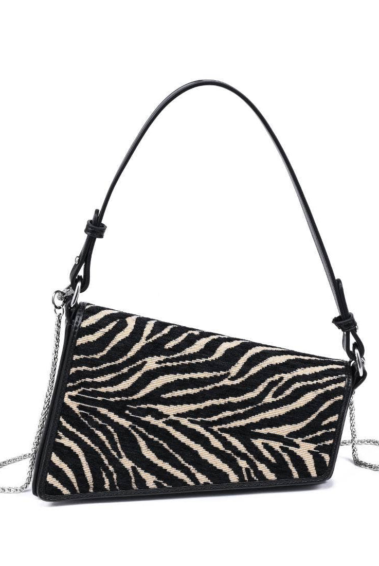 Urban Expressions Tuesday Fatima zebra shoulder bag with adjustable strap and black accents, featuring a textured zebra print design.