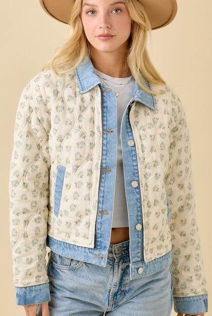 Floral Print Quilted Denim Jacket - Main Strip - RARA Boutique