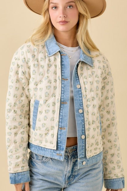 Floral Print Quilted Denim Jacket - Main Strip - RARA Boutique